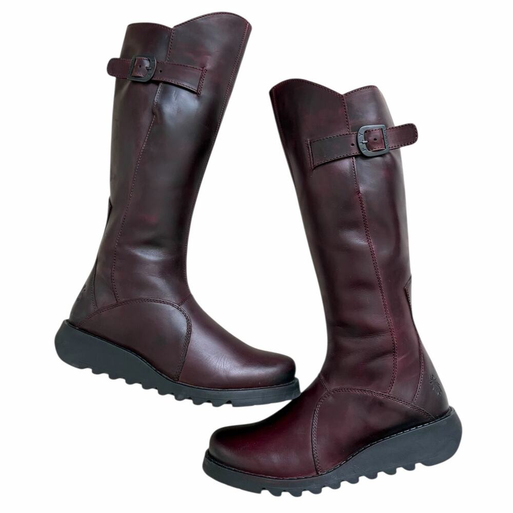 FLY LONDON KNEE HIGH WEDGE BOOTS MOL 2 WINE BERGUNDY WOMEN SIZE US 8.5/EU39